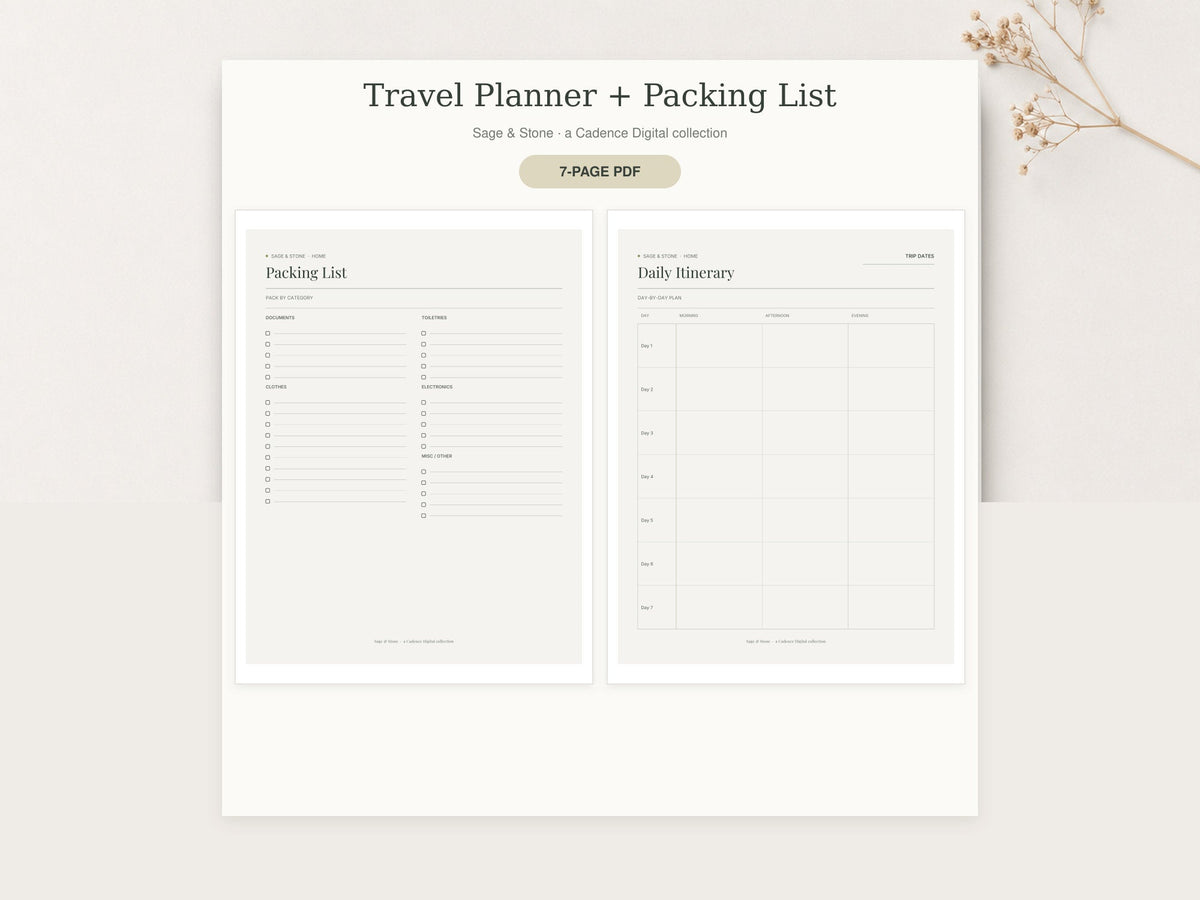 Travel Planner + Packing List by Sage & Stone — printable pages shown in a styled flat-lay