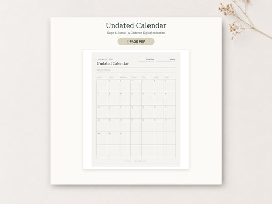 Undated Calendar by Sage & Stone — printable pages shown in a styled flat-lay
