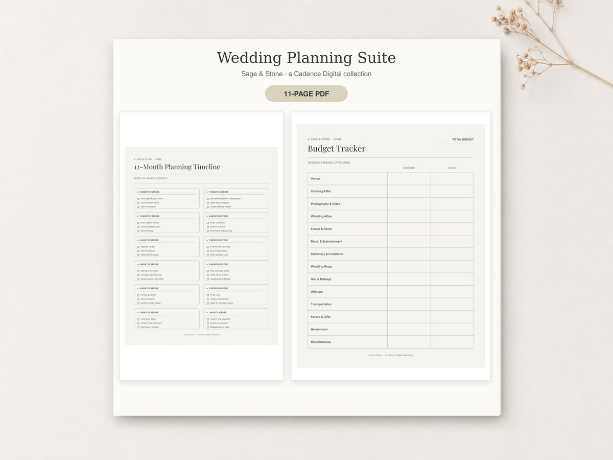 Wedding Planning Suite by Sage & Stone — printable pages shown in a styled flat-lay