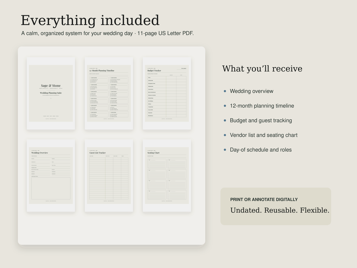 Wedding Planning Suite pages showing the overview, budget tracker, and 12-month planning timeline, with a list of what's included