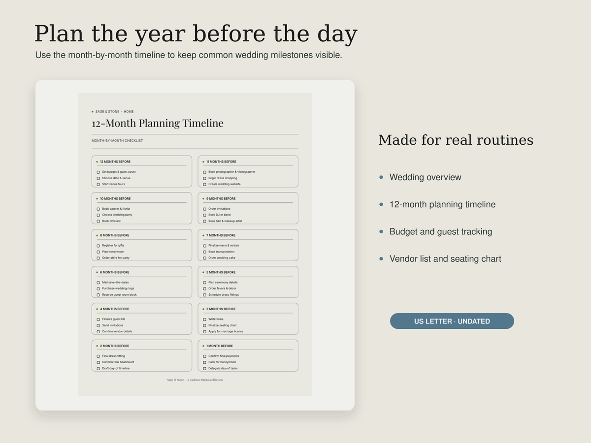 12-Month Wedding Planning Timeline with a month-by-month checklist from twelve months before the wedding through the final month