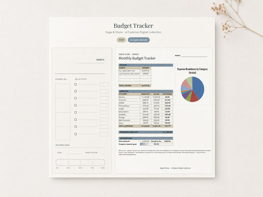 Budget Tracker by Sage & Stone — printable pages shown in a styled flat-lay